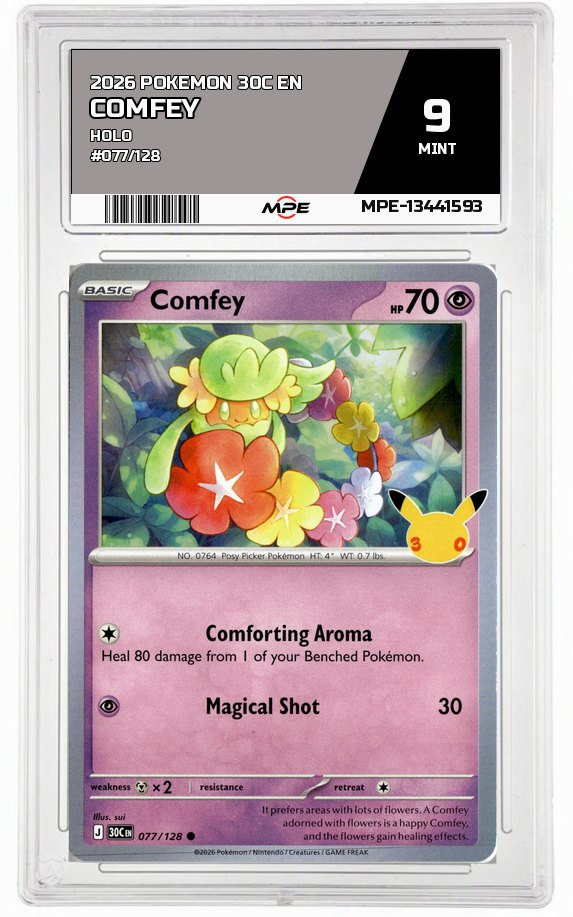 2026 POKEMON 30C EN HOLO #077/128 COMFEY MPE 9 MINT — graded card auctioned from the MPE vault