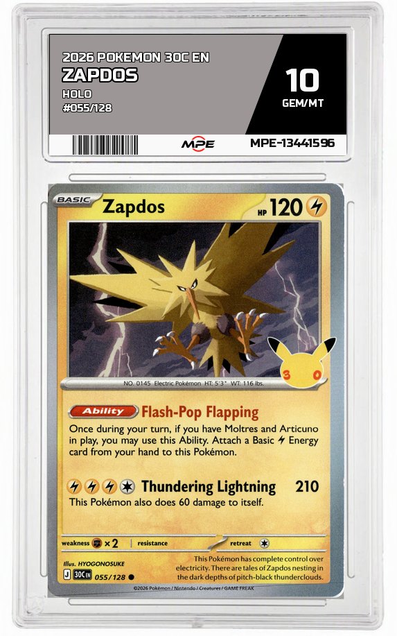 2026 POKEMON 30C EN HOLO #055/128 ZAPDOS MPE 10 GEM/MT — graded card auctioned from the MPE vault