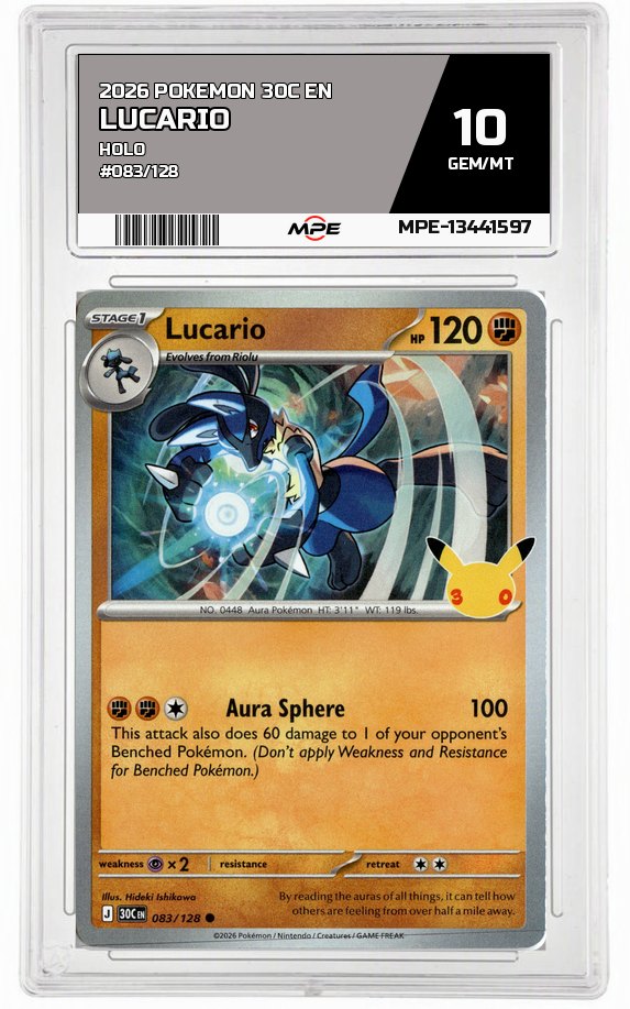 2026 POKEMON 30C EN HOLO #083/128 LUCARIO MPE 10 GEM/MT — graded card auctioned from the MPE vault