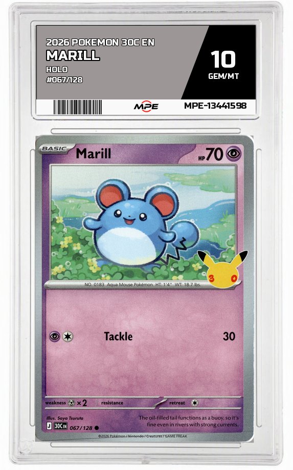 2026 POKEMON 30C EN HOLO #067/128 MARILL MPE 10 GEM/MT — graded card auctioned from the MPE vault