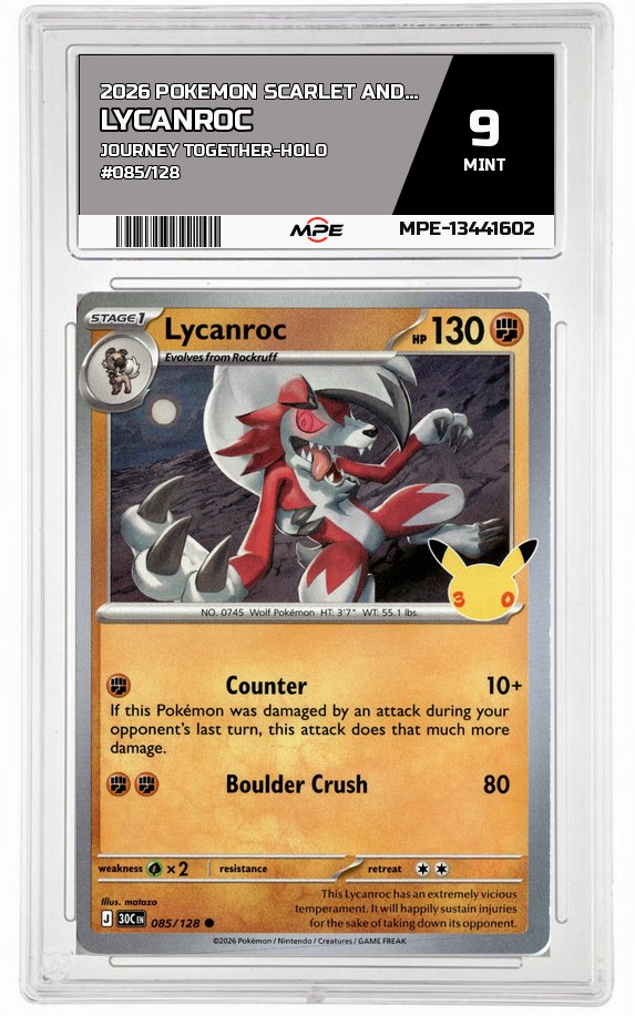 2026 POKEMON SCARLET AND VIOLET JOURNEY TOGETHER-HOLO #085/128 LYCANROC MPE 9 MINT — graded card auctioned from the MPE vault