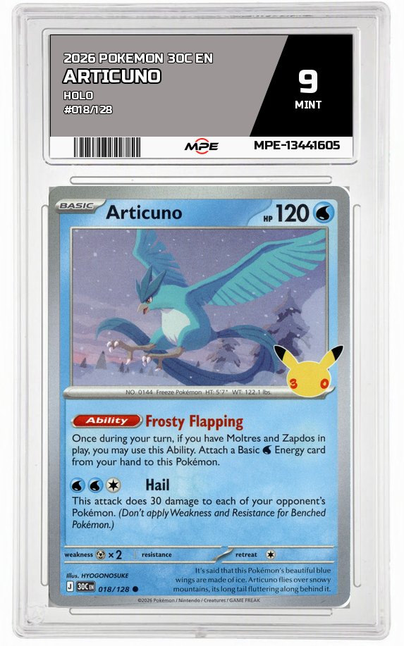 2026 POKEMON 30C EN HOLO #018/128 ARTICUNO MPE 9 MINT — graded card auctioned from the MPE vault