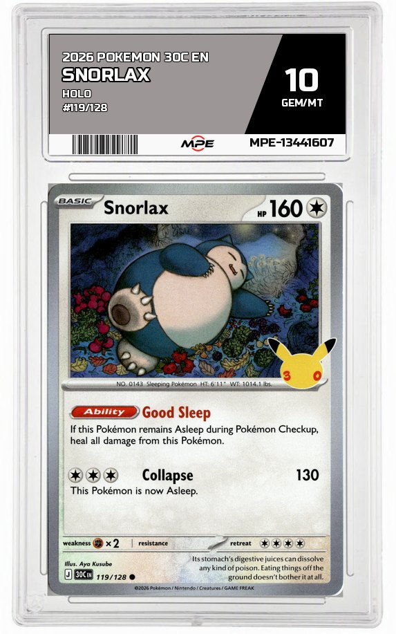 2026 POKEMON 30C EN HOLO #119/128 SNORLAX MPE 10 GEM/MT — graded card auctioned from the MPE vault