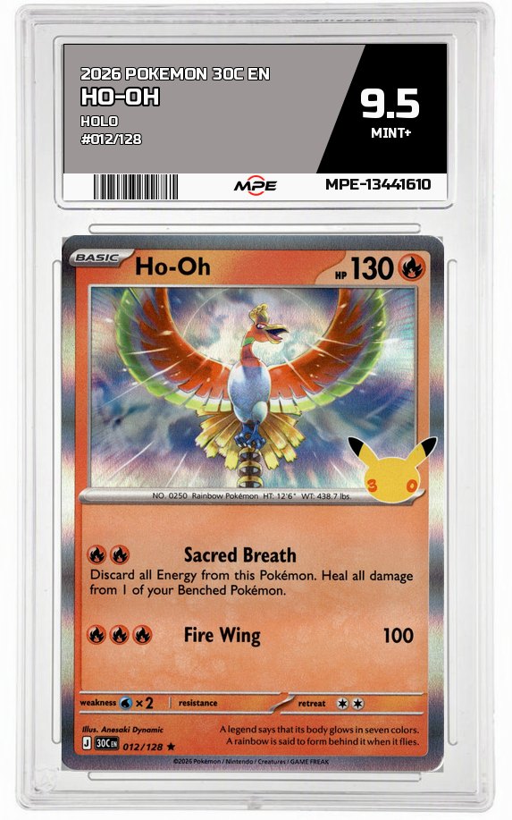 2026 POKEMON 30C EN HOLO #012/128 HO-OH MPE 9.5 MINT+ — graded card auctioned from the MPE vault