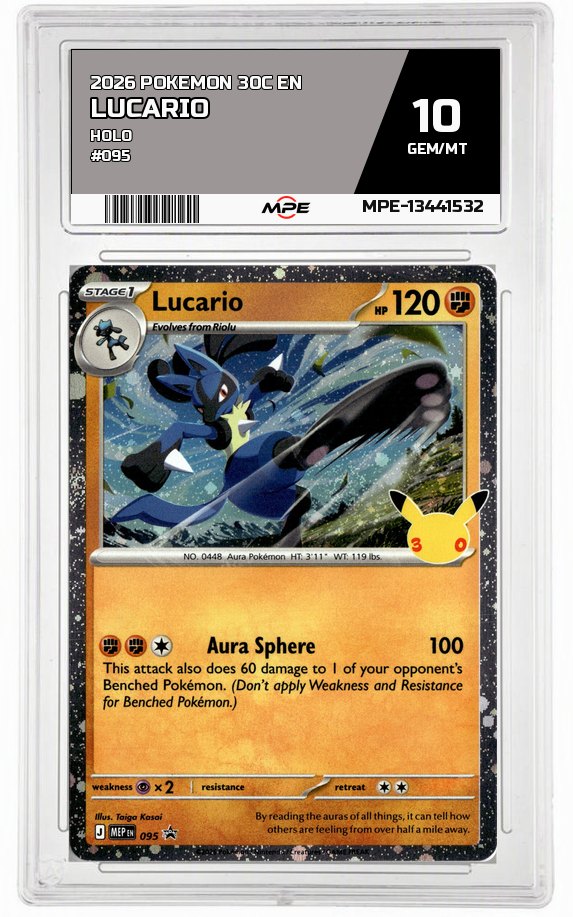 2026 POKEMON 30C EN HOLO #095 LUCARIO MPE 10 GEM/MT — graded card auctioned from the MPE vault
