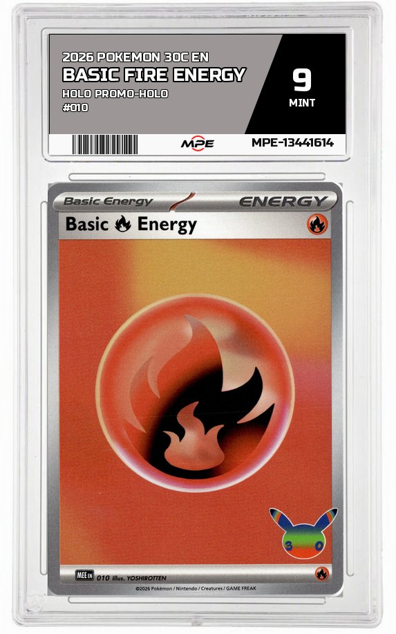 2026 POKEMON 30C EN HOLO PROMO-HOLO #010 BASIC FIRE ENERGY MPE 9 MINT — graded card auctioned from the MPE vault