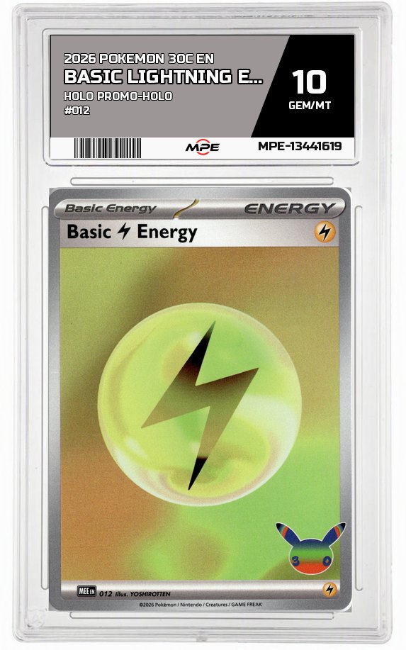 2026 POKEMON 30C EN HOLO PROMO-HOLO #012 BASIC LIGHTNING ENERGY MPE 10 GEM/MT — graded card auctioned from the MPE vault