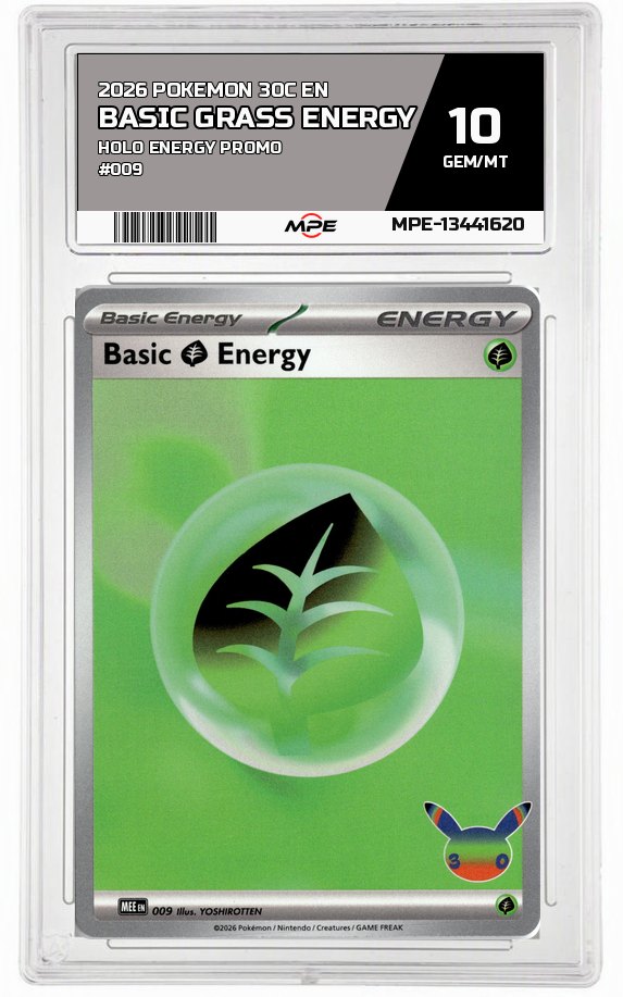 2026 POKEMON 30C EN HOLO ENERGY PROMO #009 BASIC GRASS ENERGY MPE 10 GEM/MT — graded card auctioned from the MPE vault