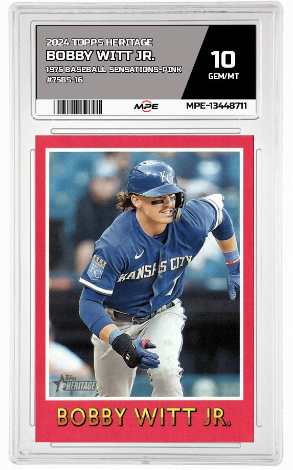 2024 TOPPS HERITAGE 1975 BASEBALL SENSATIONS-PINK #75BS-16 BOBBY WITT JR. MPE 10 GEM/MT — graded card auctioned from the MPE vault