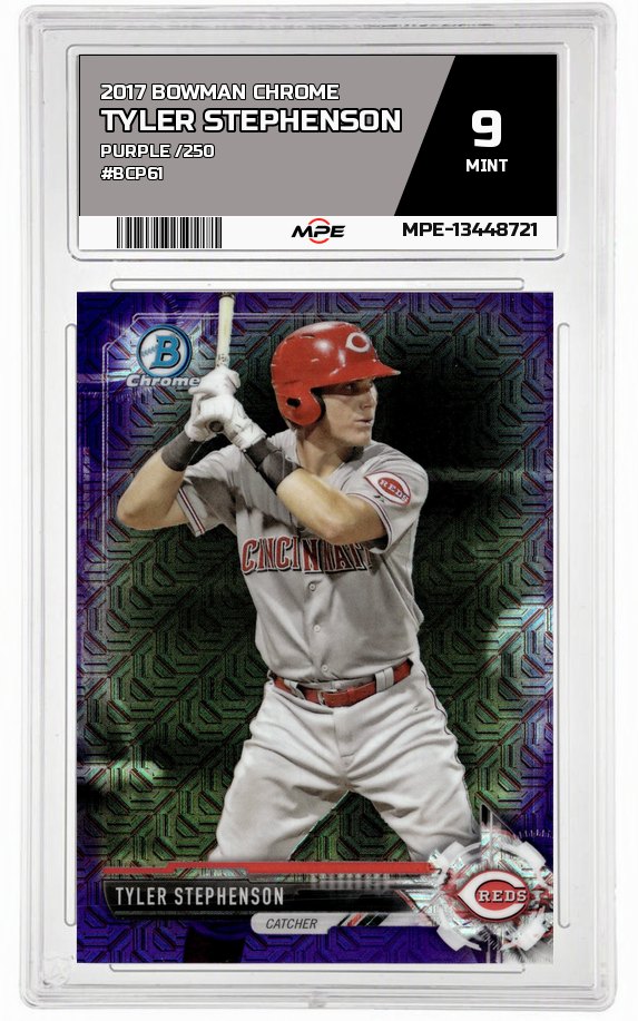 2017 BOWMAN CHROME PURPLE /250 #BCP61 TYLER STEPHENSON MPE 9 MINT — graded card auctioned from the MPE vault