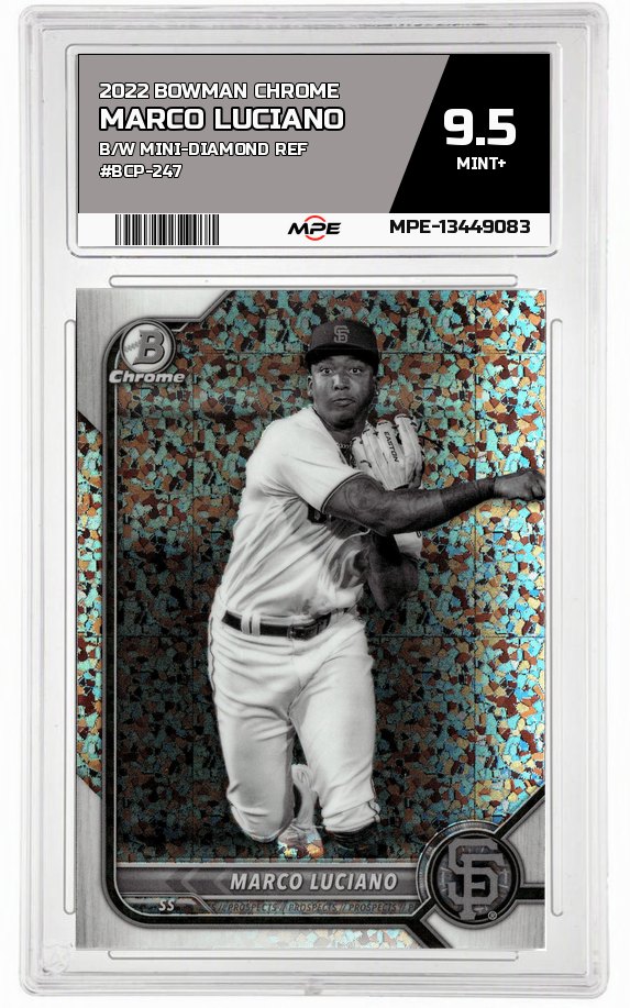 2022 BOWMAN CHROME B/W MINI-DIAMOND REF #BCP-247 MARCO LUCIANO MPE 9.5 MINT+ — graded card auctioned from the MPE vault