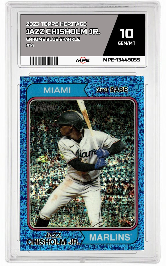 2023 TOPPS HERITAGE CHROME BLUE SPARKLE #14 JAZZ CHISHOLM JR. MPE 10 GEM/MT — graded card auctioned from the MPE vault