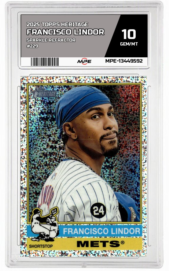 2025 TOPPS HERITAGE Sparkle Refractor #229 FRANCISCO LINDOR MPE 10 GEM/MT — graded card auctioned from the MPE vault