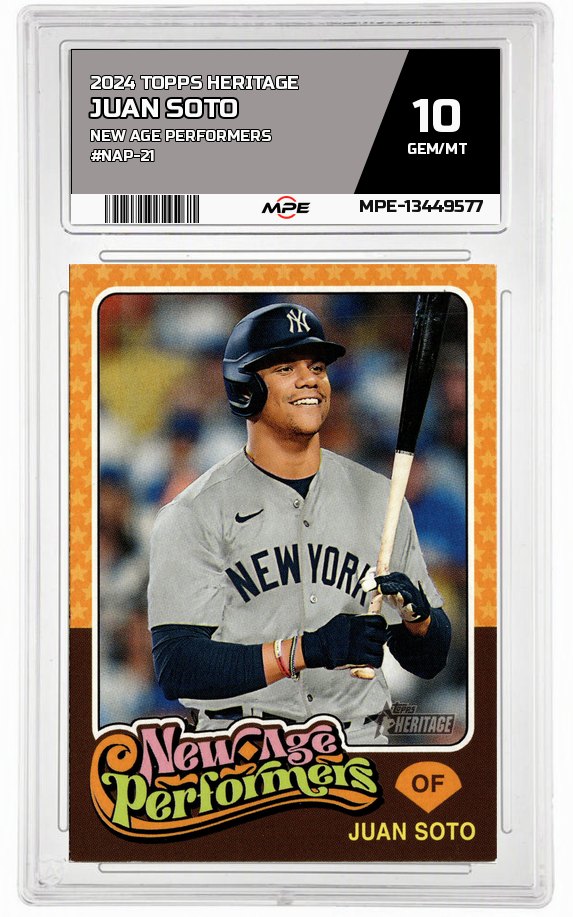 2024 TOPPS HERITAGE NEW AGE PERFORMERS #NAP-21 JUAN SOTO MPE 10 GEM/MT — graded card auctioned from the MPE vault