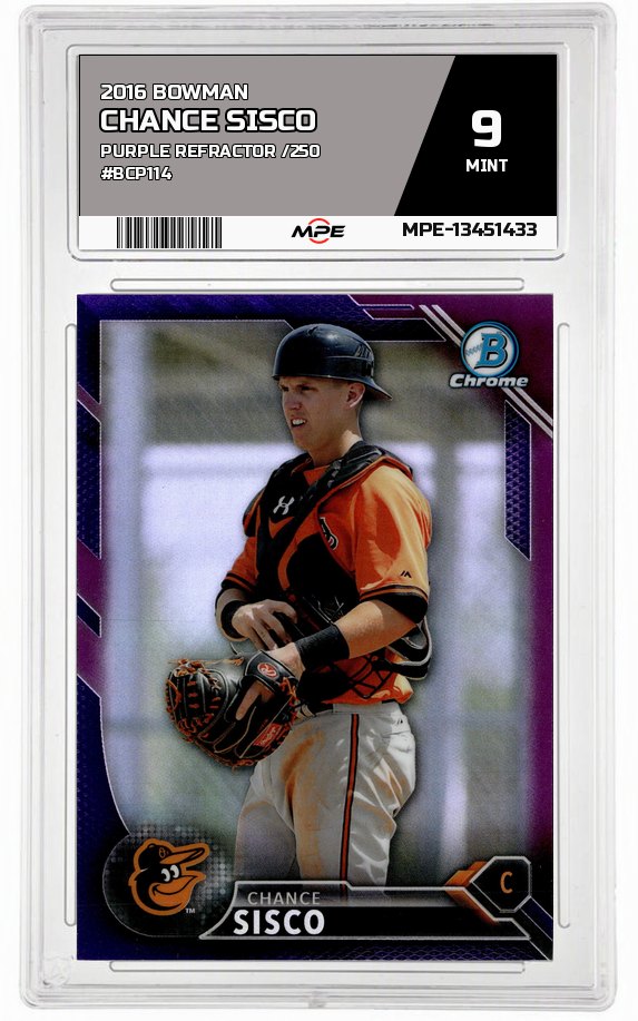 2016 BOWMAN Purple Refractor /250 #BCP114 CHANCE SISCO MPE 9 MINT — graded card auctioned from the MPE vault