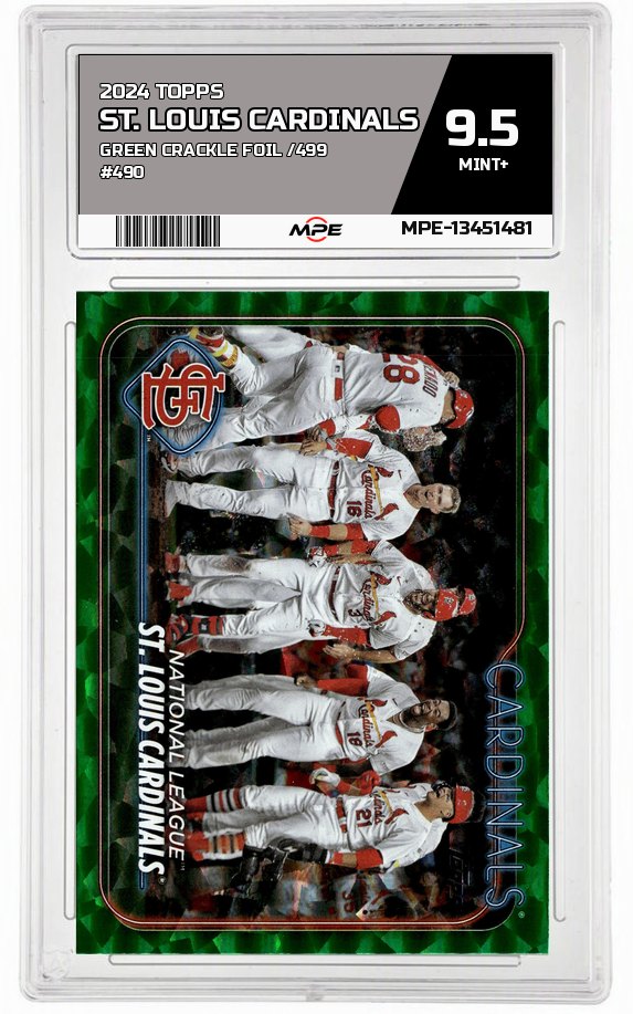 2024 TOPPS Green Crackle Foil /499 #490 ST. LOUIS CARDINALS MPE 9.5 MINT+ — graded card auctioned from the MPE vault