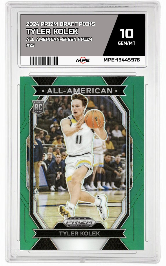 2024 PRIZM DRAFT PICKS ALL AMERICAN-GREEN PRIZM #22 TYLER KOLEK MPE 10 GEM/MT — graded card auctioned from the MPE vault