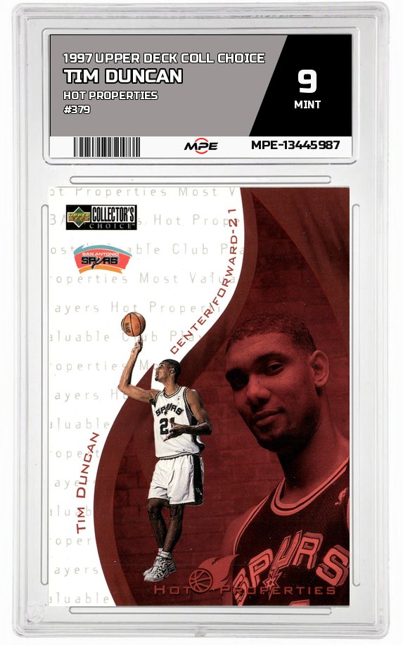 1997 UPPER DECK COLL CHOICE HOT PROPERTIES #379 TIM DUNCAN MPE 9 MINT — graded card auctioned from the MPE vault