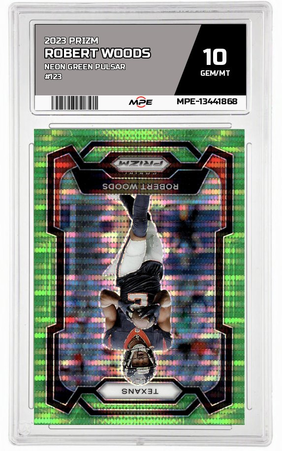 2023 PRIZM Neon Green Pulsar #123 ROBERT WOODS MPE 10 GEM/MT — graded card auctioned from the MPE vault