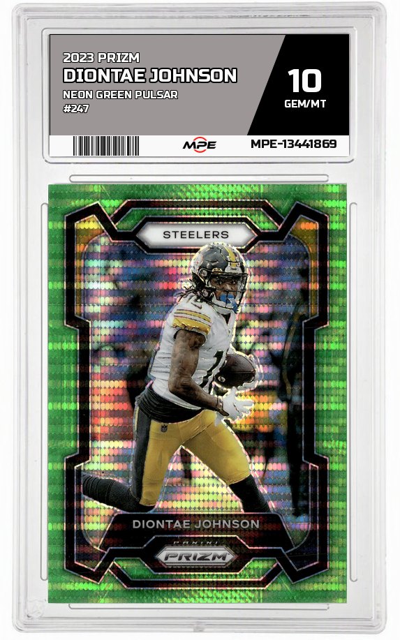 2023 PRIZM Neon Green Pulsar #247 DIONTAE JOHNSON MPE 10 GEM/MT — graded card auctioned from the MPE vault
