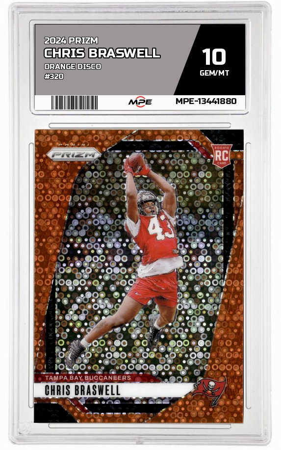 2024 PRIZM ORANGE DISCO #320 CHRIS BRASWELL MPE 10 GEM/MT — graded card auctioned from the MPE vault
