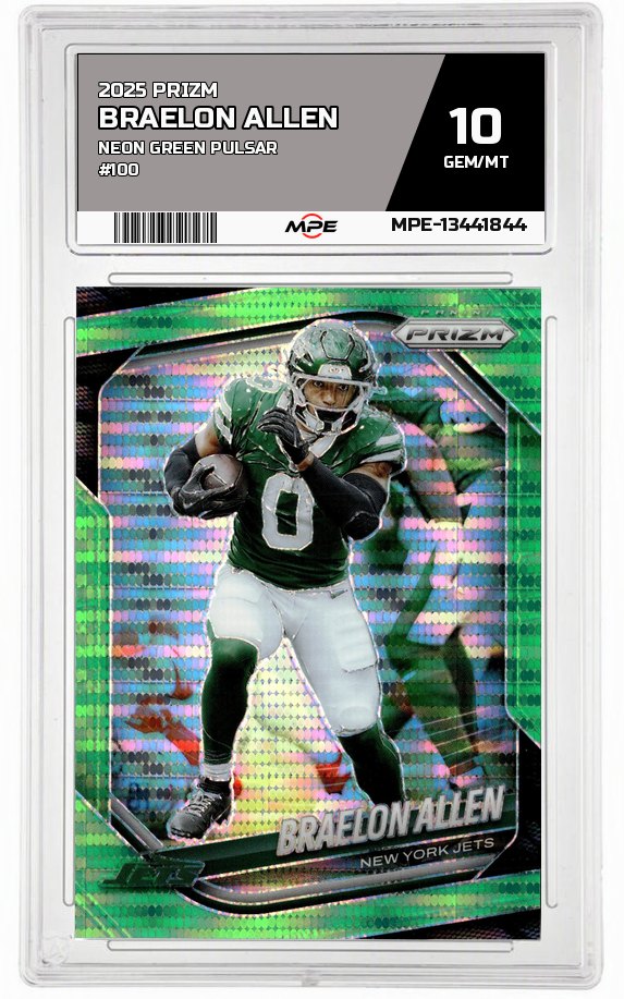 2025 PRIZM Neon Green Pulsar #100 BRAELON ALLEN MPE 10 GEM/MT — graded card auctioned from the MPE vault