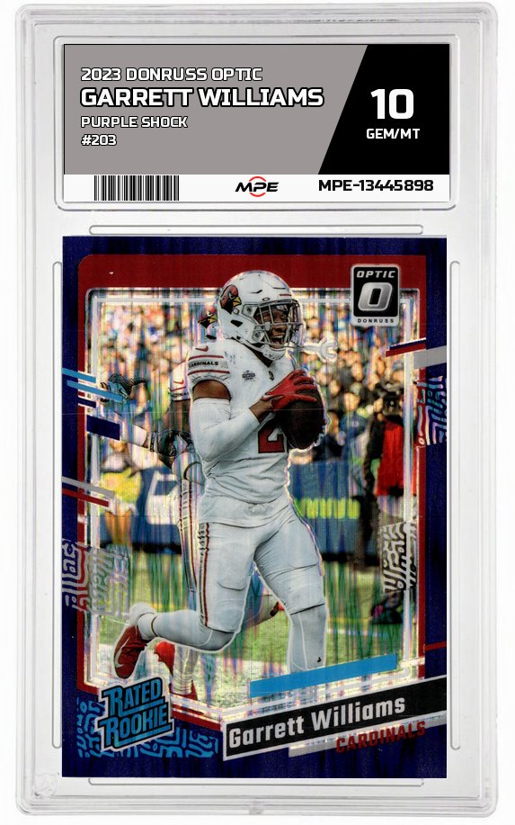 2023 DONRUSS OPTIC PURPLE SHOCK #203 GARRETT WILLIAMS MPE 10 GEM/MT — graded card auctioned from the MPE vault