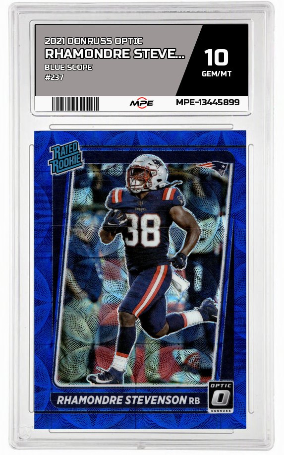 2021 DONRUSS OPTIC BLUE SCOPE #237 RHAMONDRE STEVENSON MPE 10 GEM/MT — graded card auctioned from the MPE vault