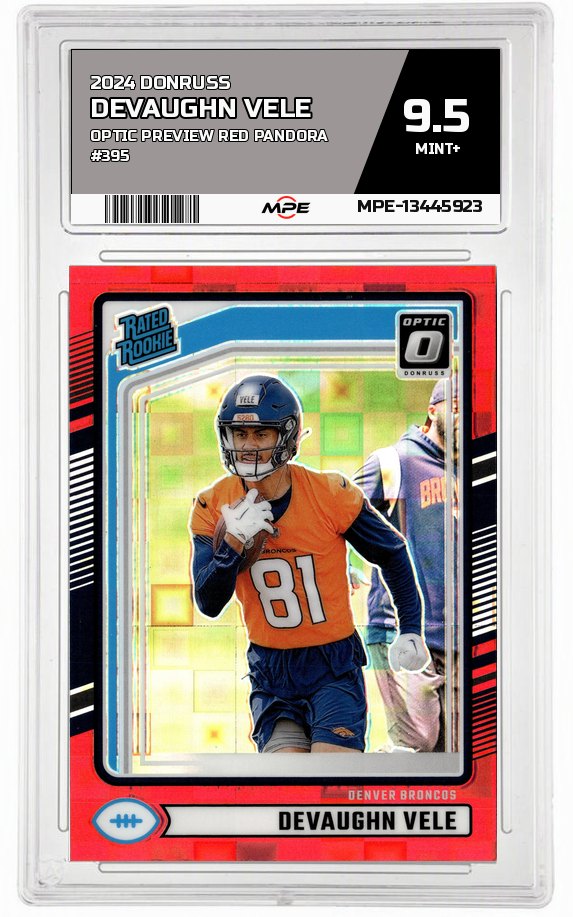 2024 DONRUSS Optic Preview Red Pandora #395 DEVAUGHN VELE MPE 9.5 MINT+ — graded card auctioned from the MPE vault