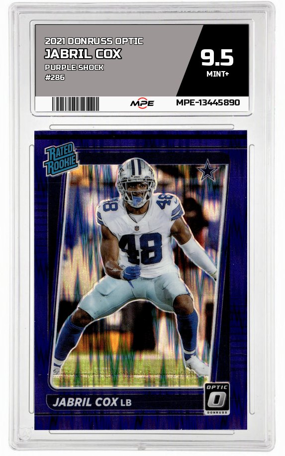 2021 DONRUSS OPTIC PURPLE SHOCK #286 JABRIL COX MPE 9.5 MINT+ — graded card auctioned from the MPE vault