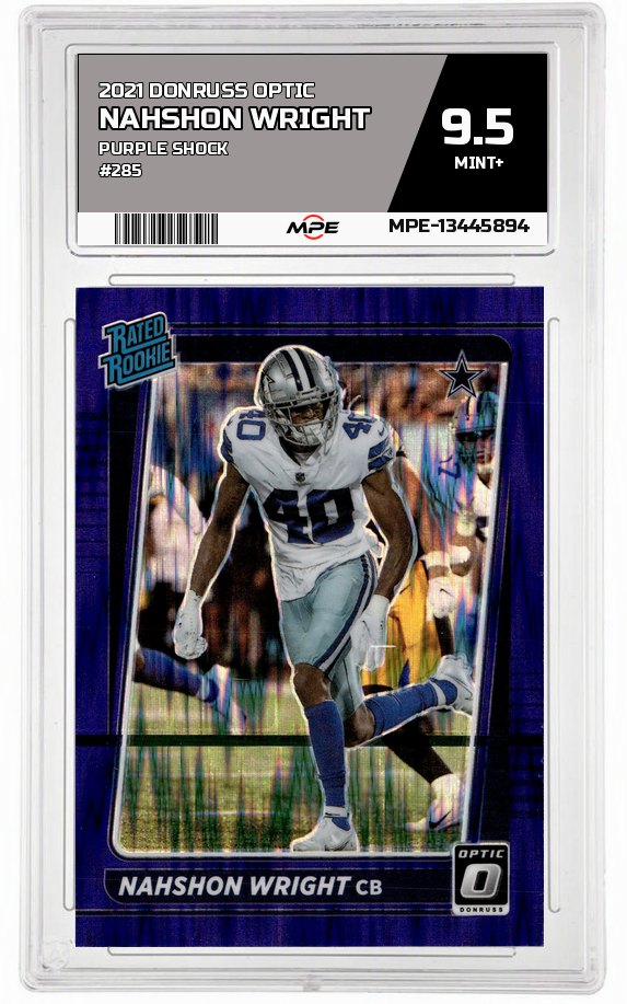 2021 DONRUSS OPTIC PURPLE SHOCK #285 NAHSHON WRIGHT MPE 9.5 MINT+ — graded card auctioned from the MPE vault