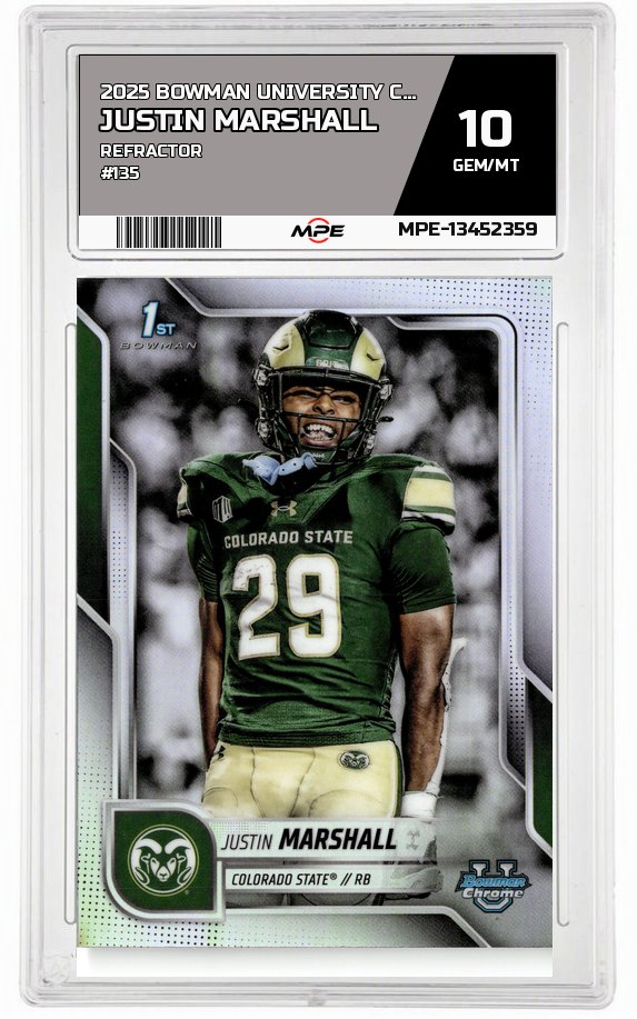 2025 BOWMAN UNIVERSITY CHROME REFRACTOR #135 JUSTIN MARSHALL MPE 10 GEM/MT — graded card auctioned from the MPE vault