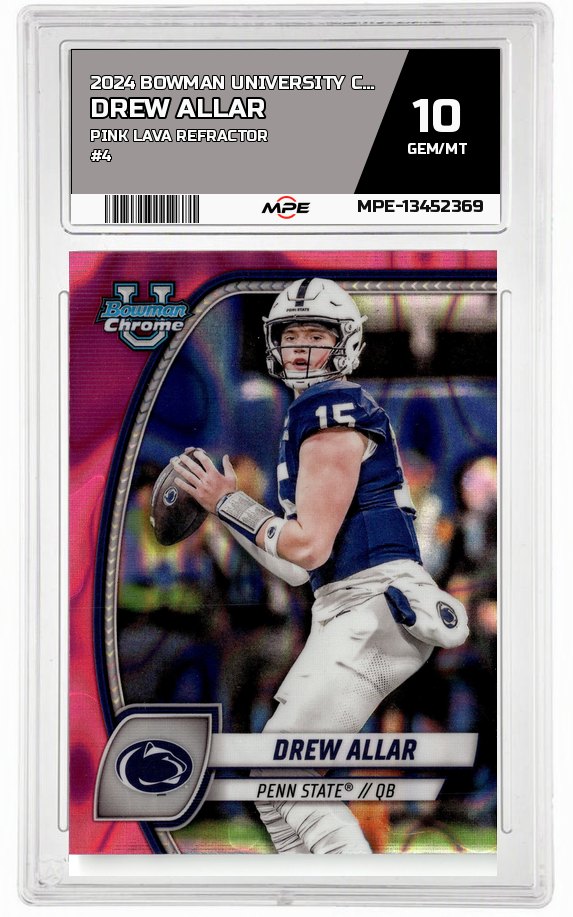 2024 BOWMAN UNIVERSITY CHROME Pink Lava Refractor #4 DREW ALLAR MPE 10 GEM/MT — graded card auctioned from the MPE vault