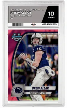 2024 BOWMAN UNIVERSITY CHROME Pink Lava Refractor #4 DREW ALLAR MPE 10 GEM/MT — graded card up for auction