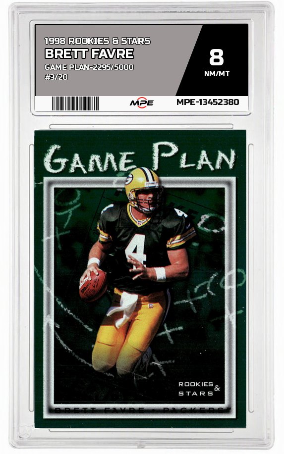 1998 ROOKIES & STARS GAME PLAN-2295/5000 #3/20 BRETT FAVRE MPE 8 NM/MT — graded card auctioned from the MPE vault