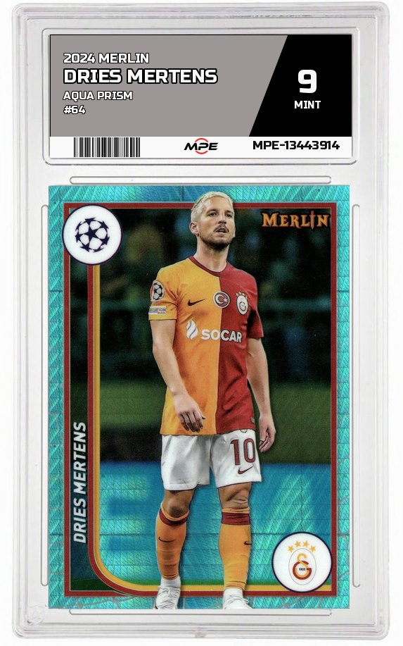 2024 MERLIN Aqua Prism #64 DRIES MERTENS MPE 9 MINT — graded card auctioned from the MPE vault