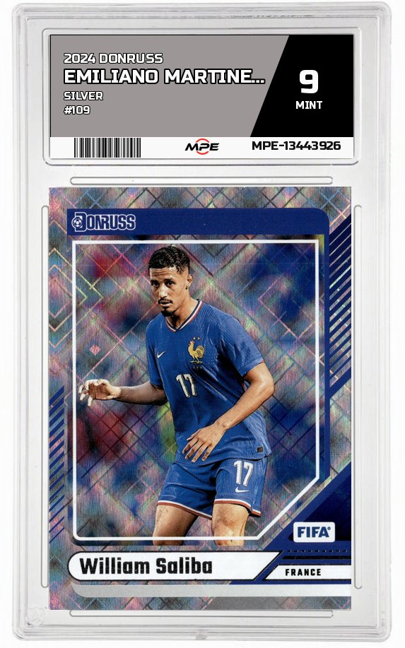 2024 DONRUSS SILVER #109 EMILIANO MARTINEZ, DIOGO COSTA, THEO HERNANDEZ, KAI HAVERTZ, BUKAYO SAKA, SANTIAGO GIMENEZ, RUBEN DIAS, ALEX MORGAN, MARTIN ODEGAARD, TYLER ADAMS, RICARDO PEPI, GIO REYNA, GIOVANNI REYNA, ADRIEN RABIOT, DANIEL MUNOZ, ENZO FERNANDEZ, LAUTARO MARTINEZ, EDUARDO CAMAVINGA, WILLIAM SALIBA MPE 9 MINT — graded card auctioned from the MPE vault
