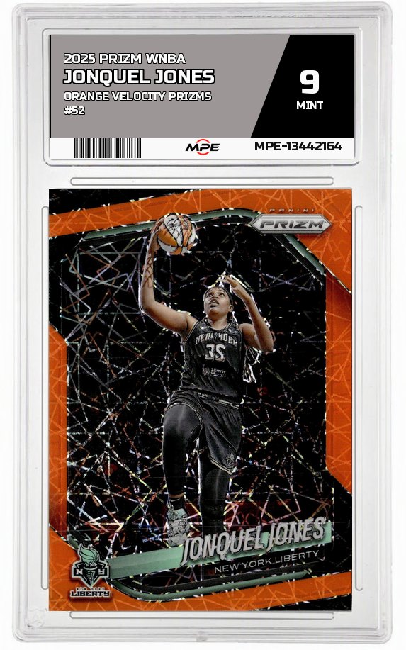 2025 PRIZM WNBA Orange Velocity Prizms #52 JONQUEL JONES MPE 9 MINT — graded card auctioned from the MPE vault
