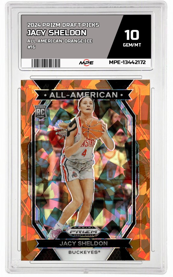 2024 PRIZM DRAFT PICKS ALL AMERICAN-ORANGE ICE #16 JACY SHELDON MPE 10 GEM/MT — graded card auctioned from the MPE vault
