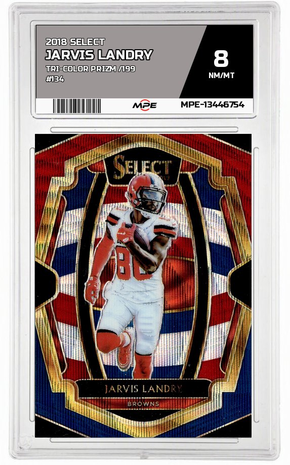 2018 SELECT TRI-COLOR PRIZM /199 #134 JARVIS LANDRY MPE 8 NM/MT — graded card auctioned from the MPE vault