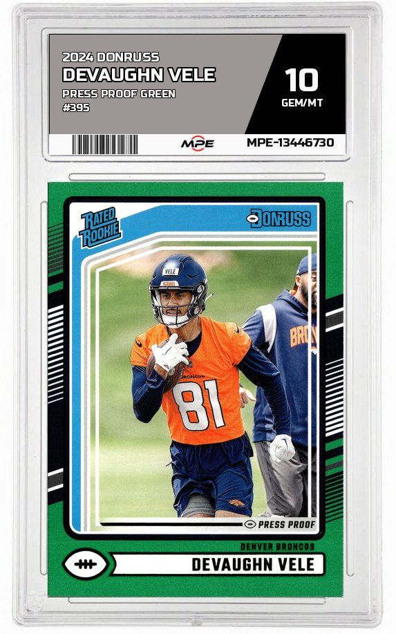 2024 DONRUSS PRESS PROOF GREEN #395 DEVAUGHN VELE MPE 10 GEM/MT — graded card auctioned from the MPE vault