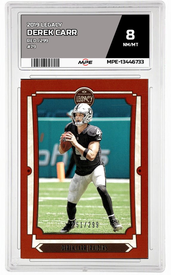 2019 LEGACY RED /299 #79 DEREK CARR MPE 8 NM/MT — graded card auctioned from the MPE vault