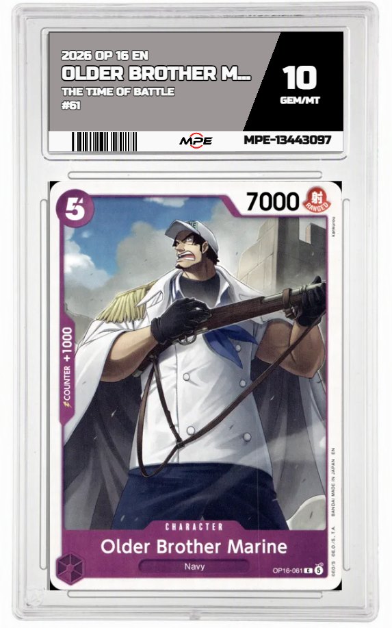 2026 OP 16 EN THE TIME OF BATTLE #61 OLDER BROTHER MARINE MPE 10 GEM/MT — graded card auctioned from the MPE vault