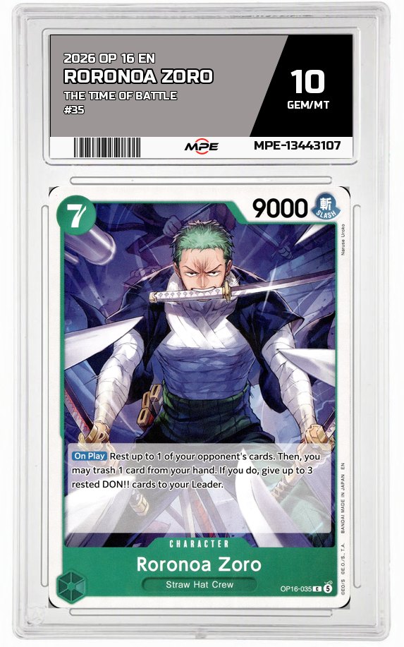 2026 OP-16 EN The Time of Battle #35 RORONOA ZORO MPE 10 GEM/MT — graded card auctioned from the MPE vault