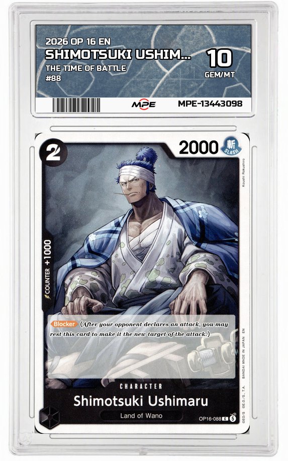 2026 OP-16 EN The Time of Battle #88 SHIMOTSUKI USHIMARU MPE 10 GEM/MT — graded card auctioned from the MPE vault
