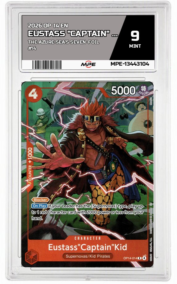 2026 OP-14 EN The Azure Sea's Seven-Foil #14 EUSTASS "CAPTAIN" KID MPE 9 MINT — graded card auctioned from the MPE vault