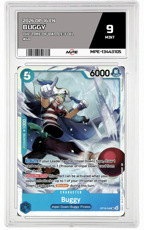 2026 OP-16 EN The Time of Battle-Foil #48 BUGGY MPE 9 MINT — graded card auctioned from the MPE vault