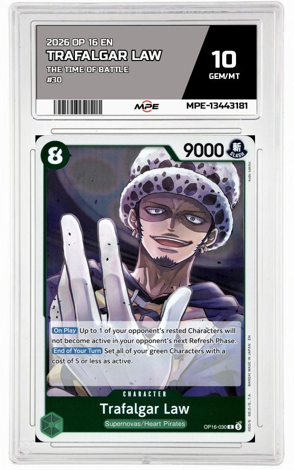 2026 OP 16 EN THE TIME OF BATTLE #30 TRAFALGAR LAW MPE 10 GEM/MT — graded card auctioned from the MPE vault