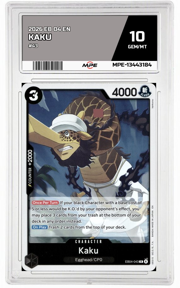 2026 EB 04 EN #43 KAKU MPE 10 GEM/MT — graded card auctioned from the MPE vault