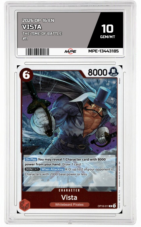 2026 OP 16 EN THE TIME OF BATTLE #11 VISTA MPE 10 GEM/MT — graded card auctioned from the MPE vault